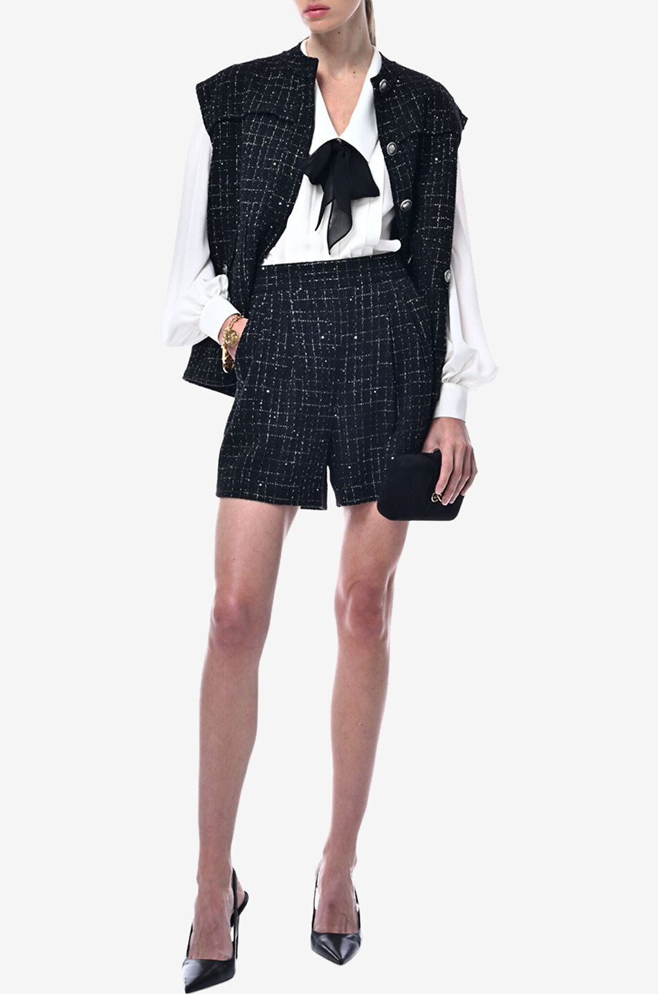 LUISA SPAGNOLI Short en tweed à carreaux et lurex Atomica Femme NOIR 3