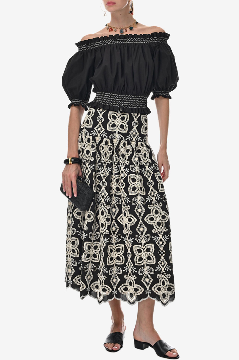 LUISA SPAGNOLI Tabulato midi cotton skirt with openwork embroidery Women MULTI COLOURED 3