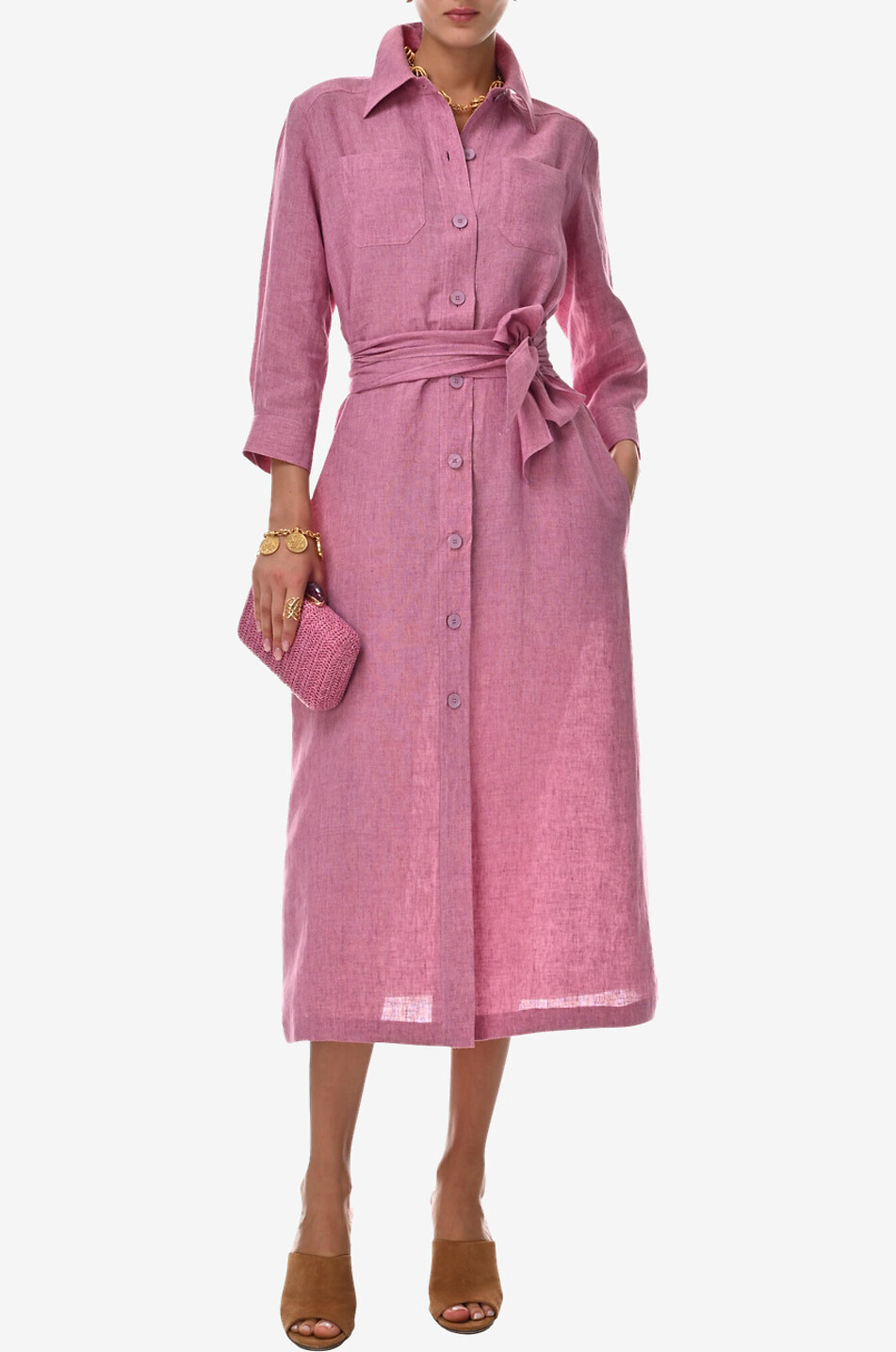 LUISA SPAGNOLI Polesana belted long linen shirt dress Women PINK 3