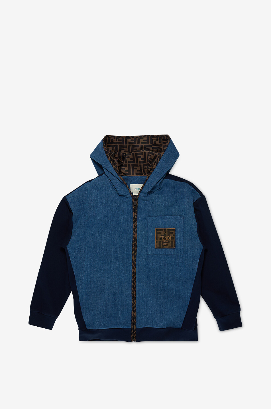 FENDI FF boys' hooded full-zip denim and jersey sweatshirt Boy DARK BLUE 1