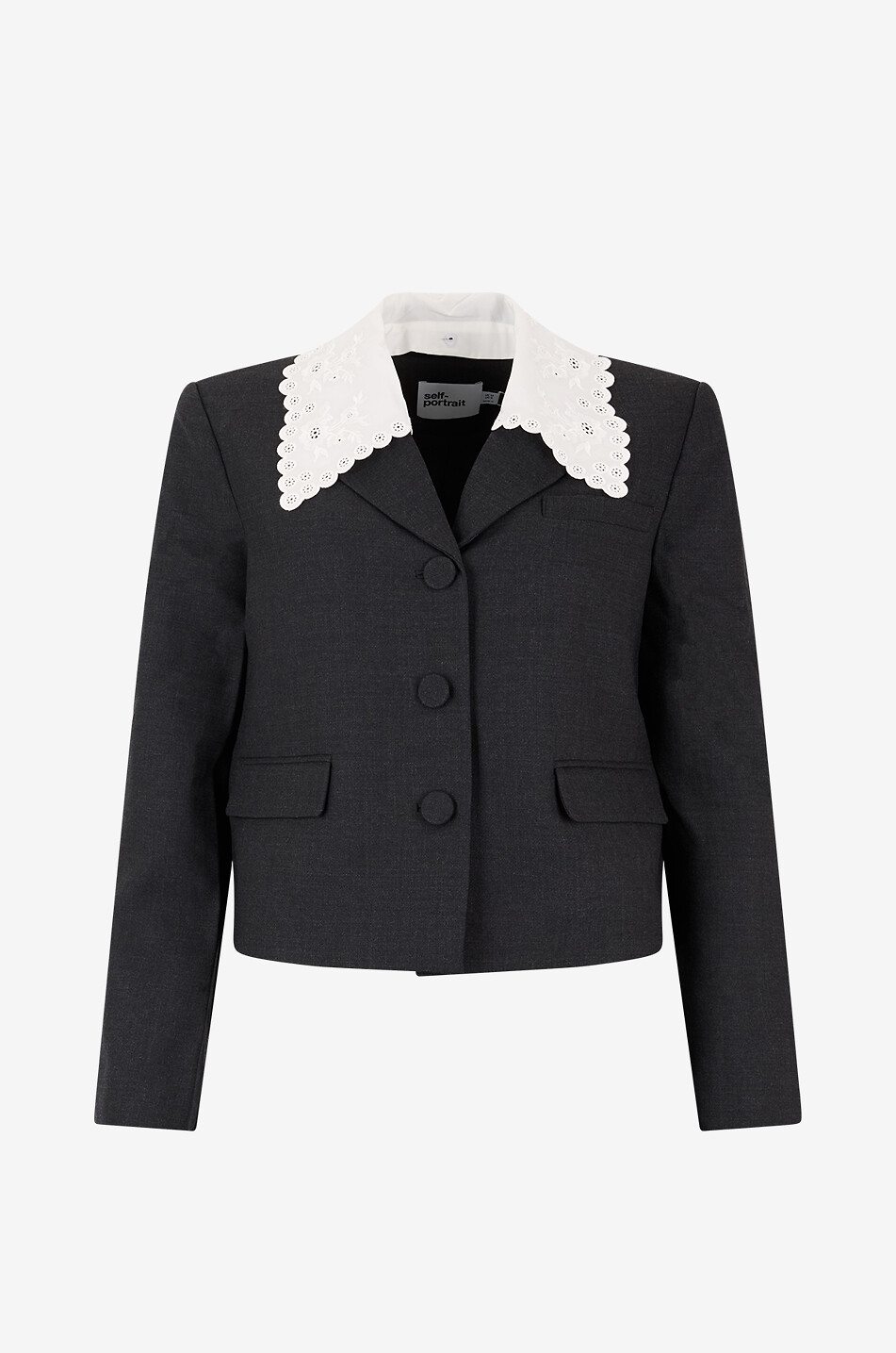 Cropped wool blazer with embroidered scallop collar