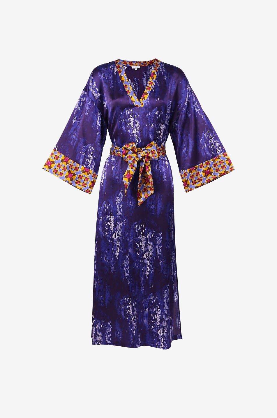 Kimono long en satin imprimé à col v Kyoto