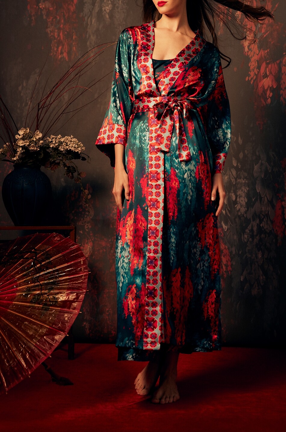 KARMA ON THE ROCKS Kimono long en satin de soie imprimé Nikko Fuji Femme MULTICOLORE 2