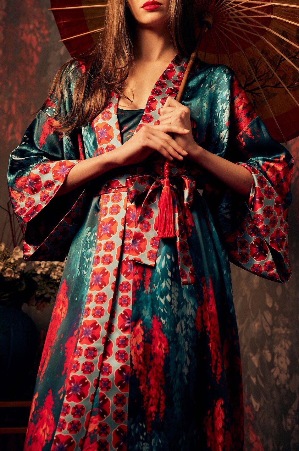 KARMA ON THE ROCKS Kimono long en satin de soie imprimé Nikko Fuji Femme MULTICOLORE 4