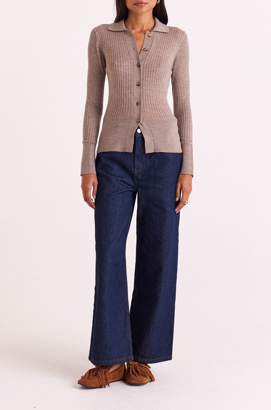 BALZAC PARIS Cardigan côtelé à col chemise en laine mérinos Ombeline Femme BEIGE 2