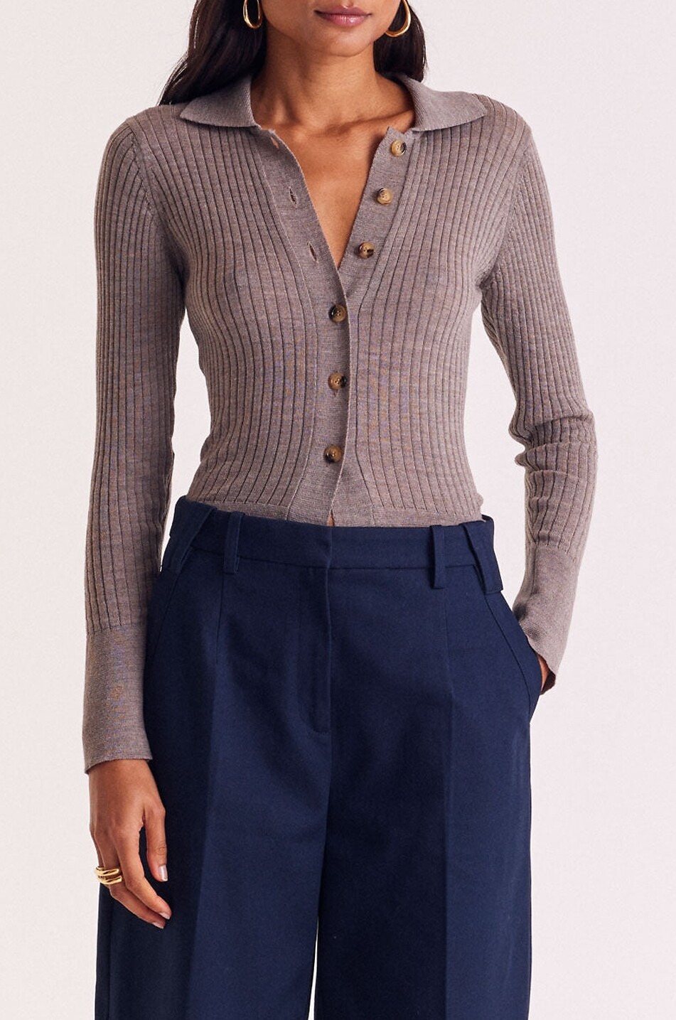 BALZAC PARIS Cardigan côtelé à col chemise en laine mérinos Ombeline Femme BEIGE 6