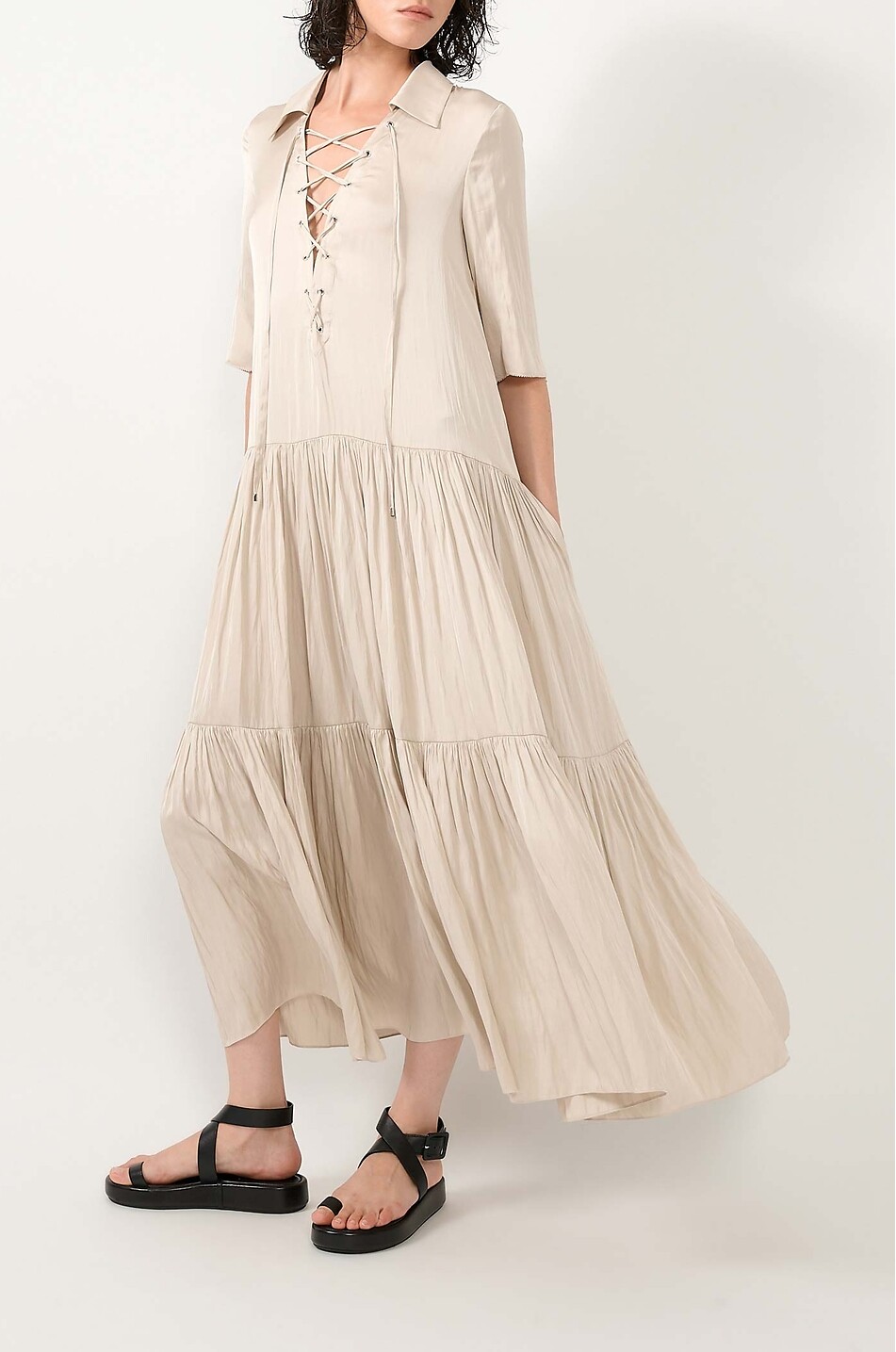 BARBARA BUI Long-sleeved satin shirt-collar flared maxi dress Women Light beige 2