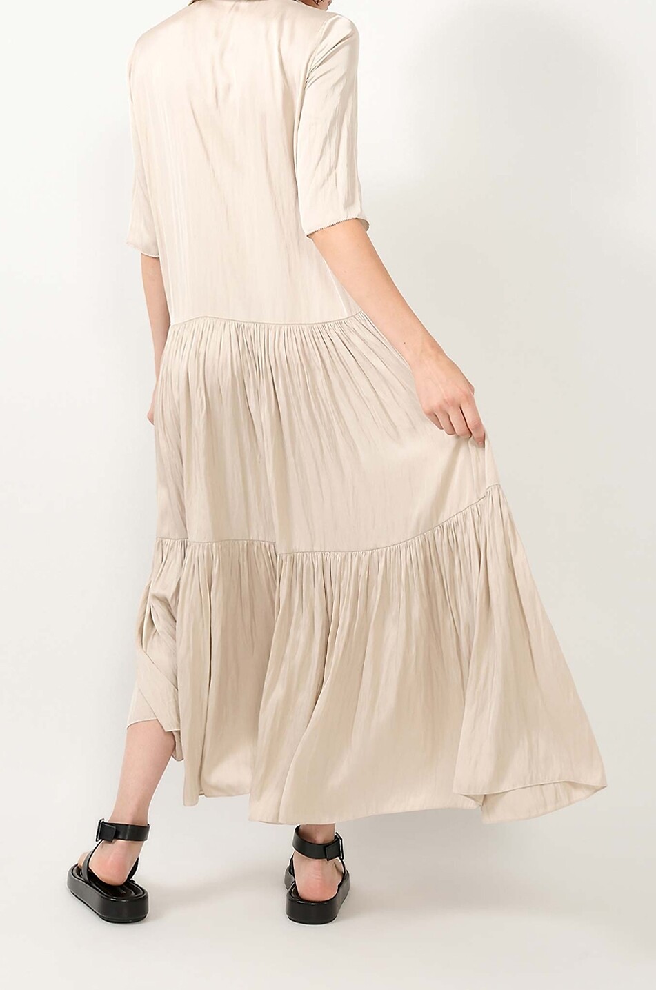 BARBARA BUI Long-sleeved satin shirt-collar flared maxi dress Women Light beige 3
