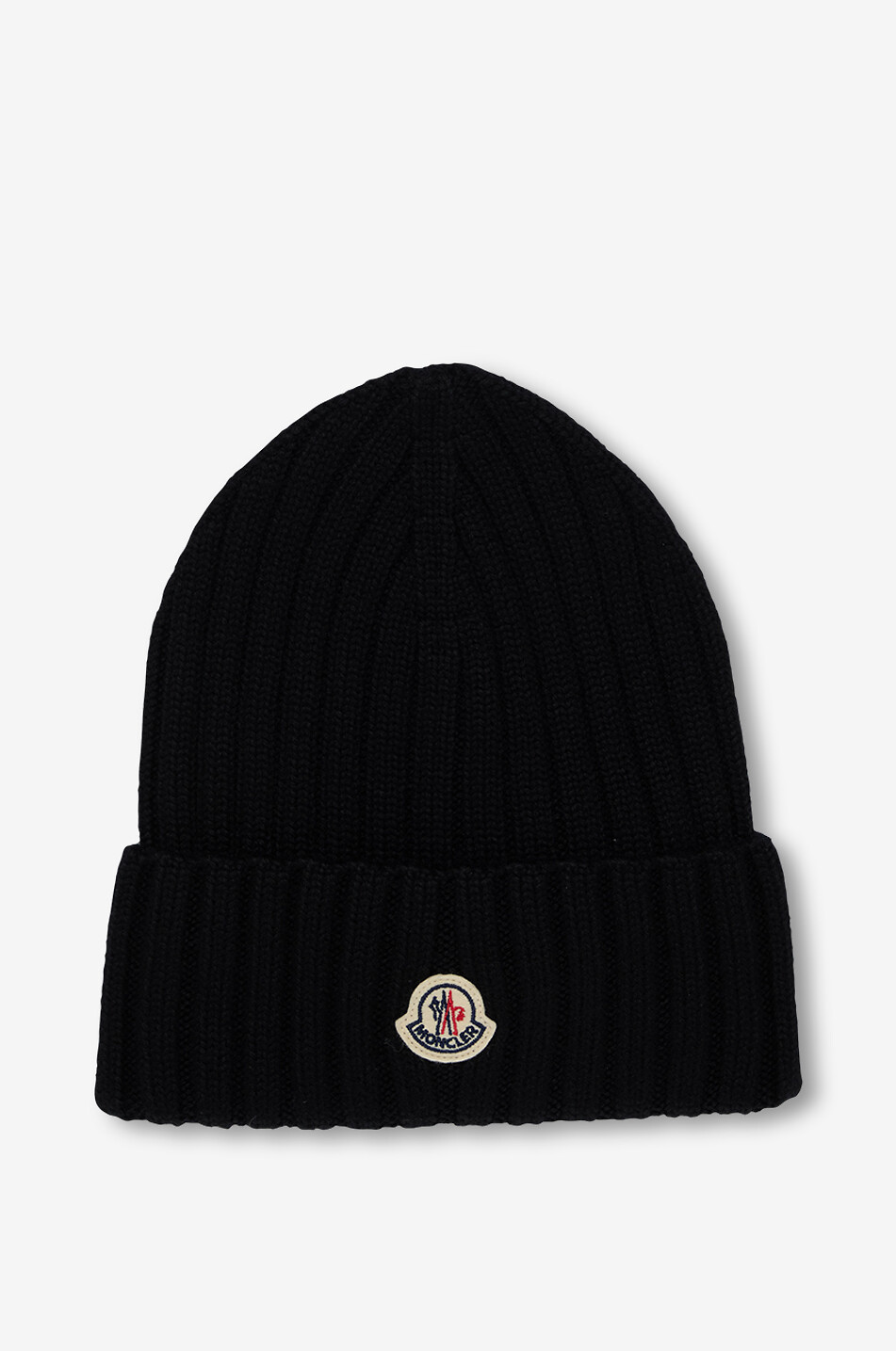 Logo patch adorned rib knit virgin wool beanie with cuff