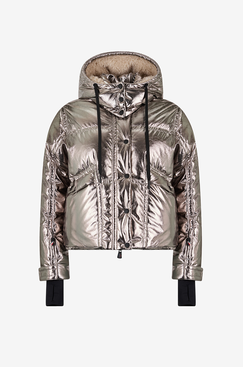 Kurze Kapuzendaunenjacke aus metallisiertem Technikgewebe Celaque