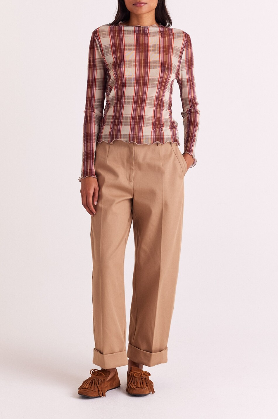 BALZAC PARIS Top à col bateau en mesh imprimé tartan Isabella Femme ROUGE 5