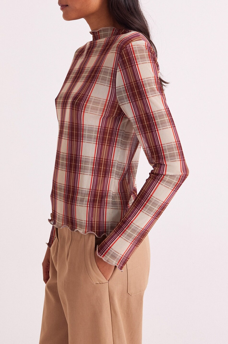 BALZAC PARIS Top à col bateau en mesh imprimé tartan Isabella Femme ROUGE 7