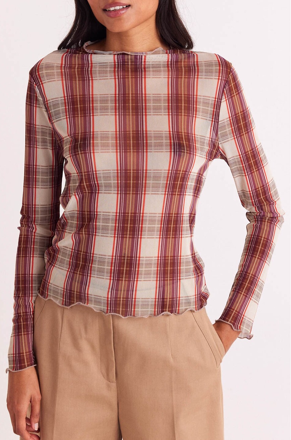 BALZAC PARIS Top à col bateau en mesh imprimé tartan Isabella Femme ROUGE 8