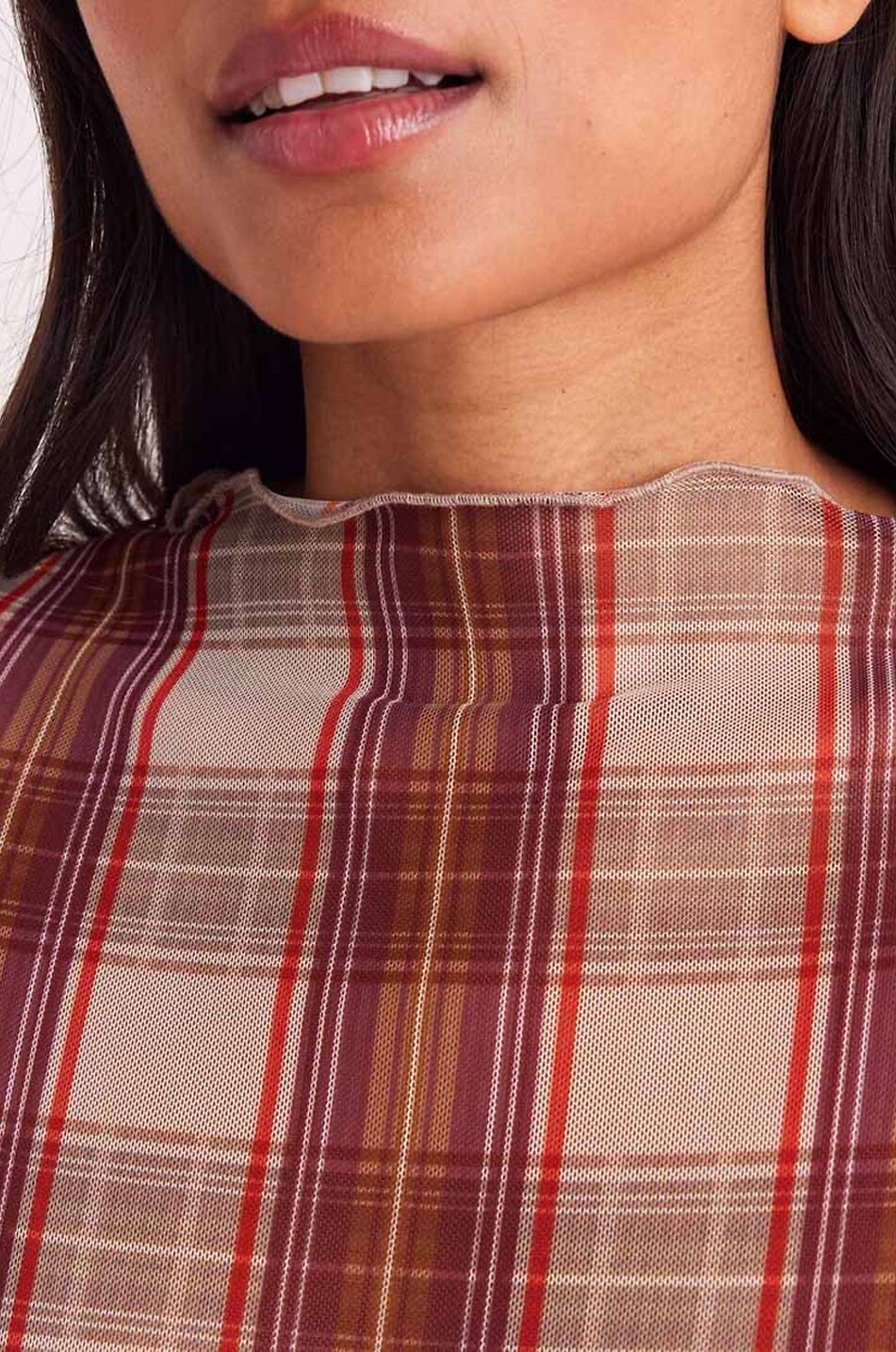 BALZAC PARIS Top à col bateau en mesh imprimé tartan Isabella Femme ROUGE 2