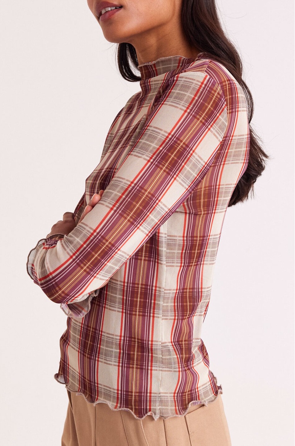 BALZAC PARIS Top à col bateau en mesh imprimé tartan Isabella Femme ROUGE 3