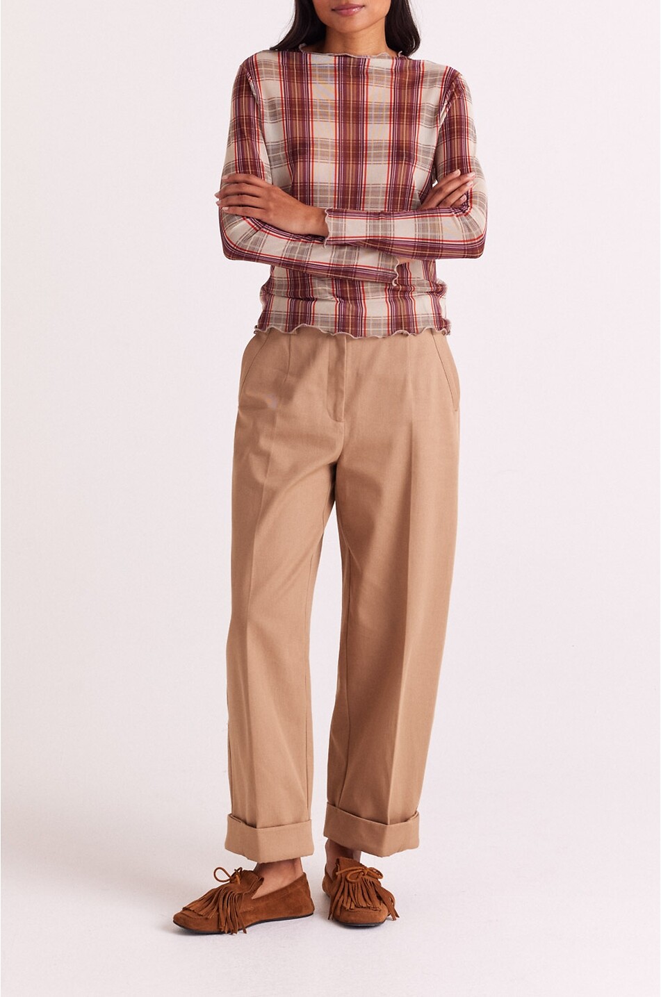 BALZAC PARIS Top à col bateau en mesh imprimé tartan Isabella Femme ROUGE 4