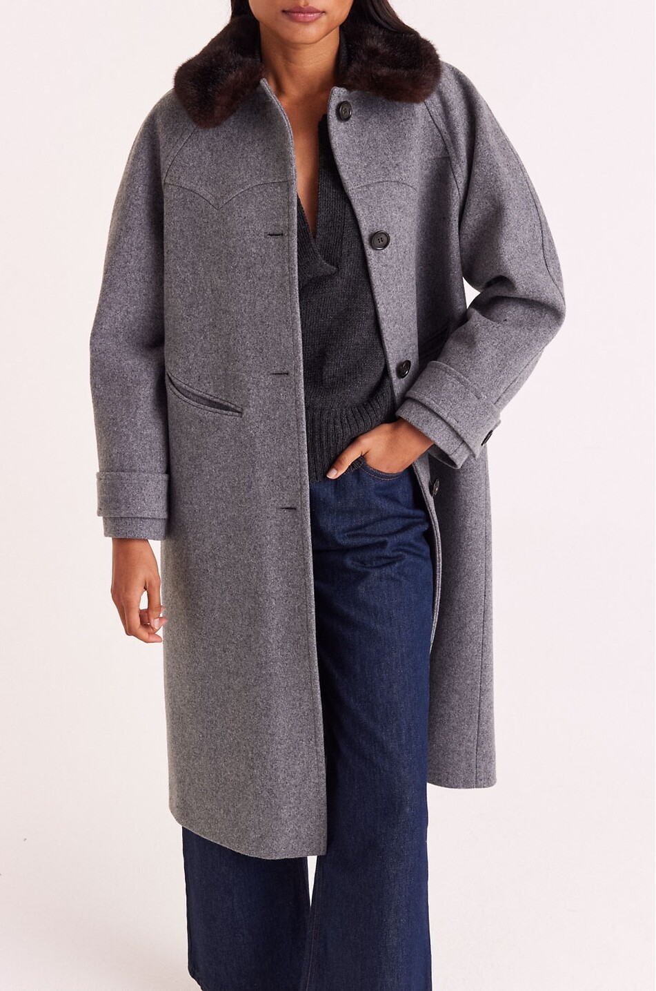 BALZAC PARIS Manteau long en laine à col en peluche Nickie Femme GRIS 8