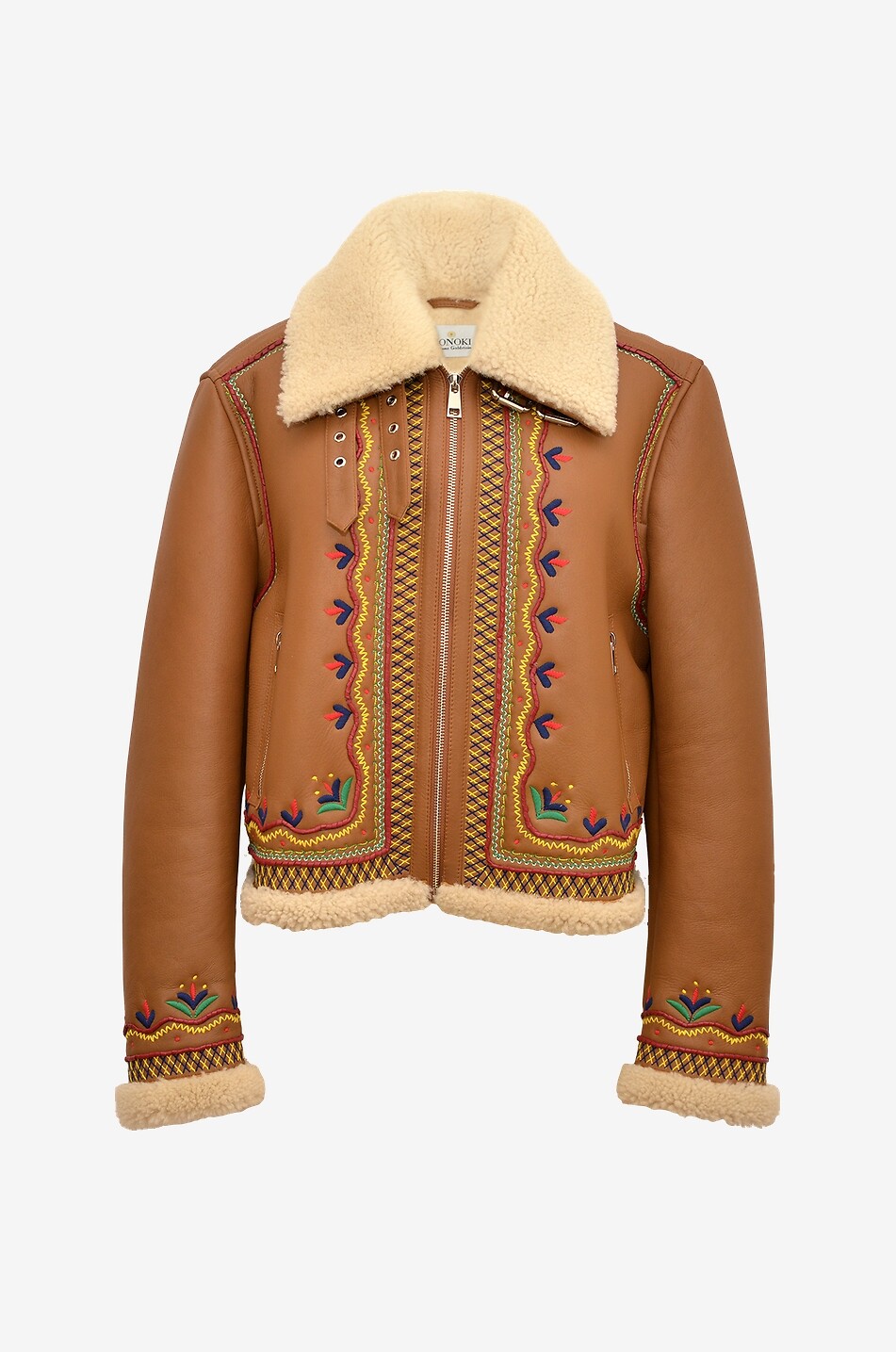 Blouson brodé en cuir et peau lainée Maverick