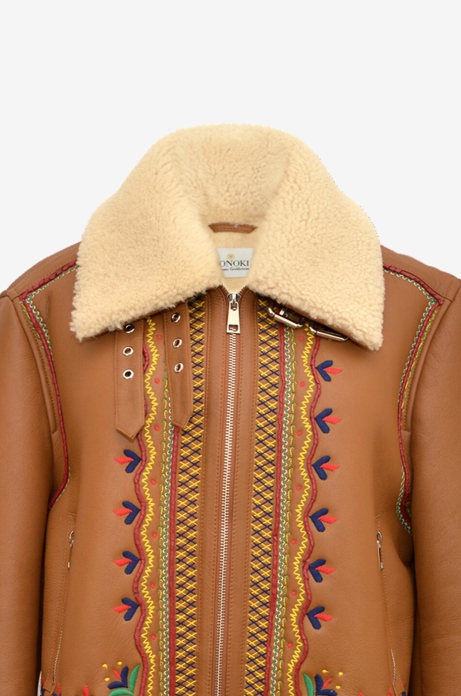 MONOKI Blouson brodé en cuir et peau lainée Maverick Femme COGNAC 3