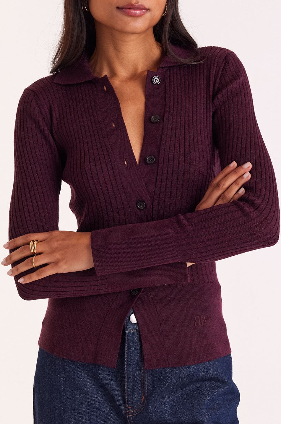 BALZAC PARIS Cardigan côtelé à col chemise en laine mérinos Ombeline Femme ROUGE 5