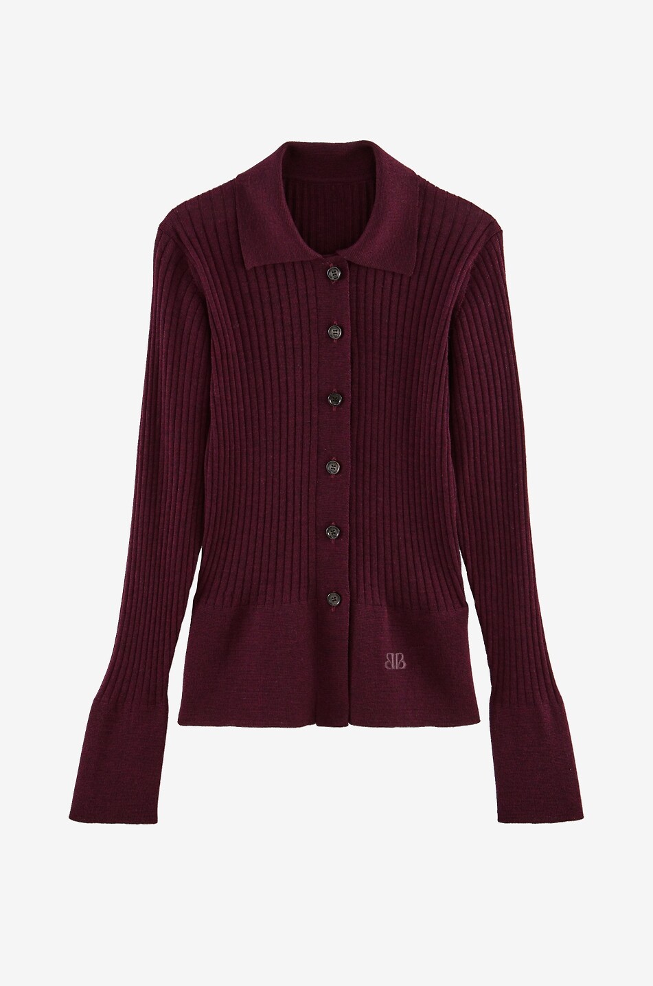 Cardigan côtelé à col chemise en laine mérinos Ombeline