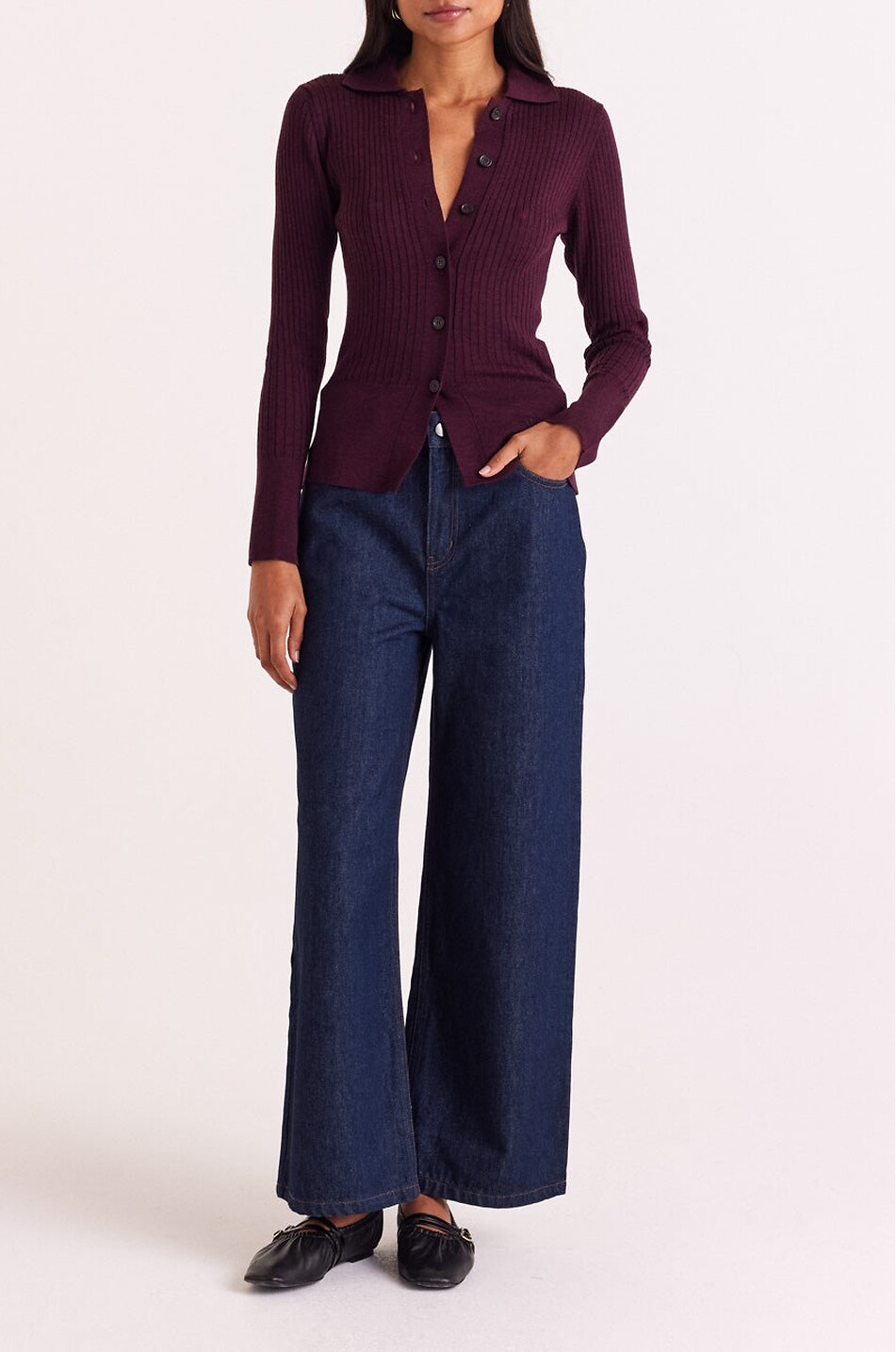 BALZAC PARIS Cardigan côtelé à col chemise en laine mérinos Ombeline Femme ROUGE 2