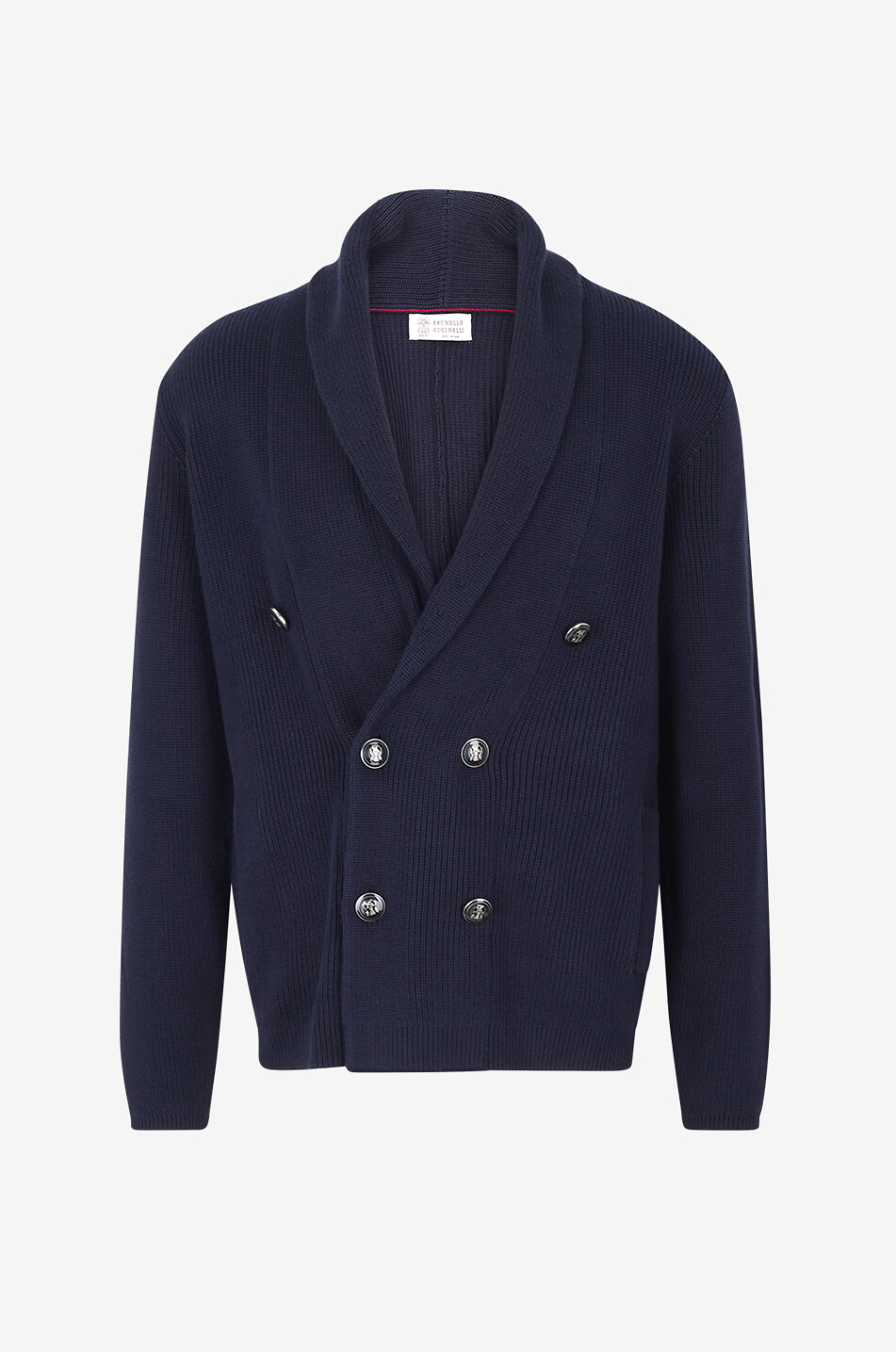 BRUNELLO CUCINELLI Double-breasted rib knit cardigan with shawl collar Men DARK BLUE 1