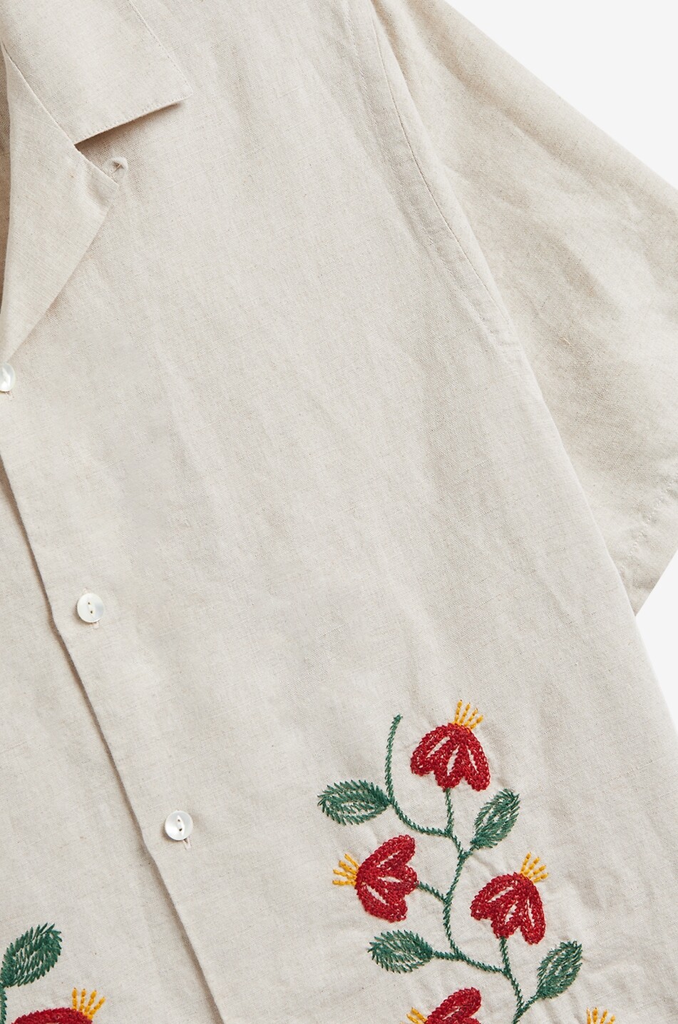 PORTUGUESE FLANNEL Branch Embroidery flower embroidered short-sleeved linen and cotton shirt Men EGGSHELL 3