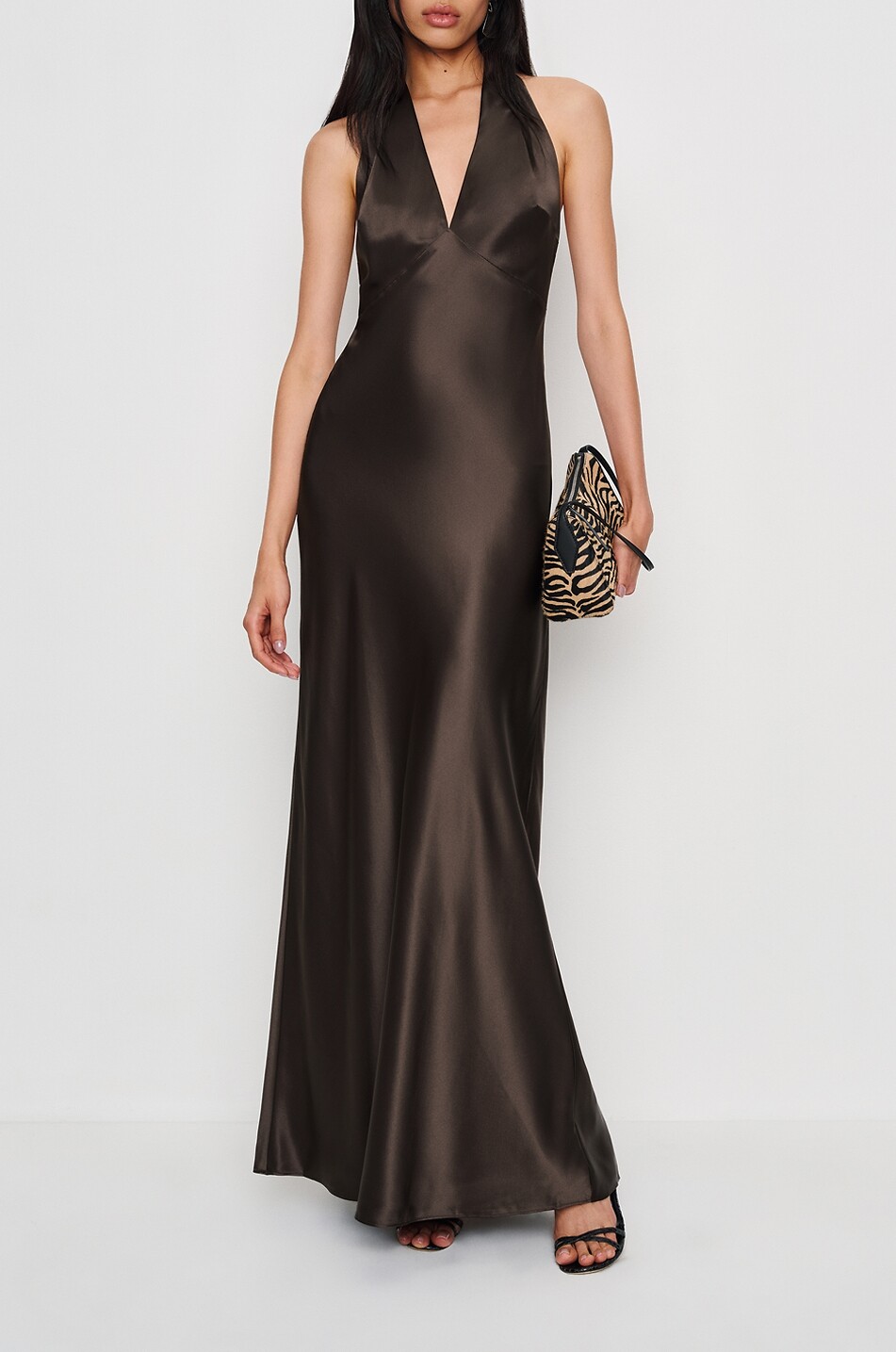 REFORMATION Langes Neckholder-Satinkleid Daniela Damen SCHWARZ 3