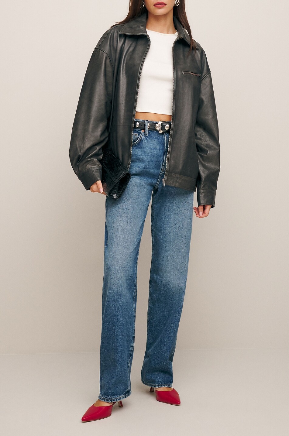 REFORMATION Bomber en cuir vieilli à col chemise Veda Marco Femme GRIS FONCÉ 3