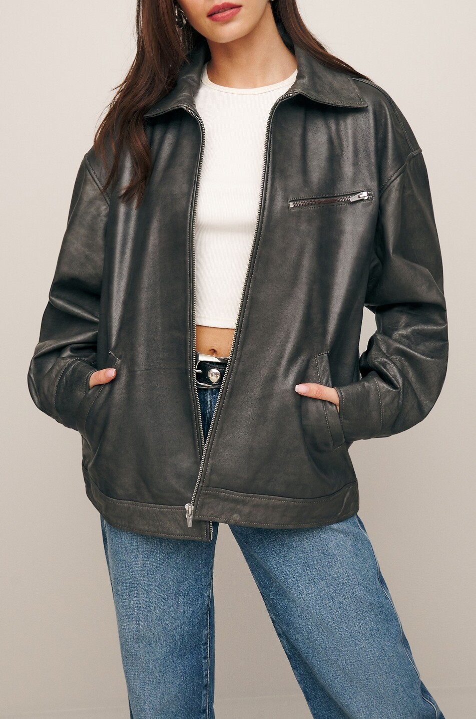 REFORMATION Bomber en cuir vieilli à col chemise Veda Marco Femme GRIS FONCÉ 7