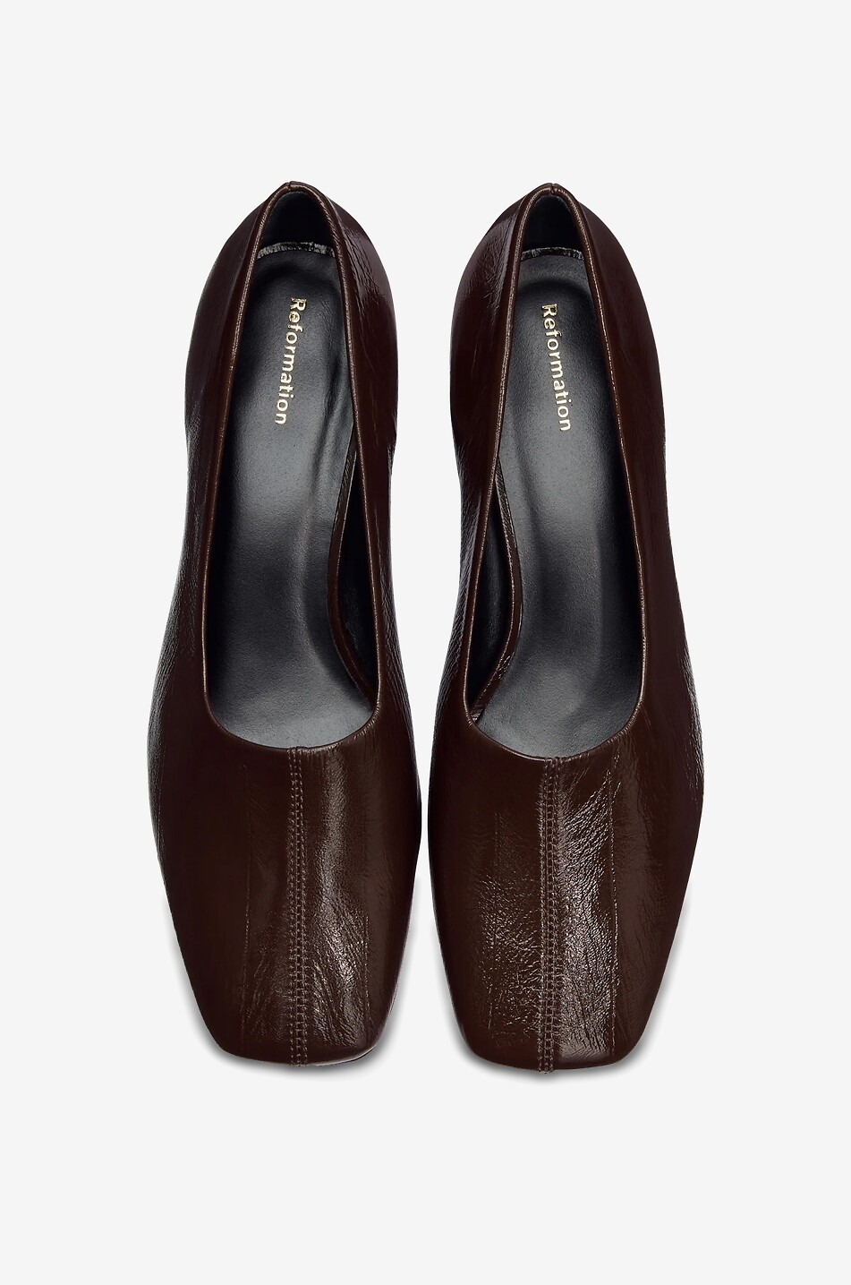 REFORMATION Inez 35 crinkle effect patent leather square-heeled pumps Women DARK BROWN 4
