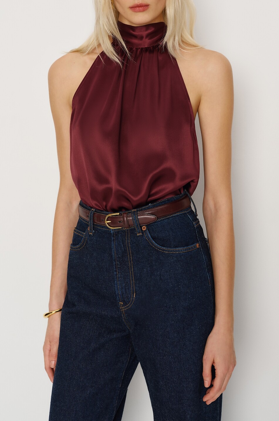 REFORMATION Royce gathered silk halterneck top top Women DARK PURPLE 4