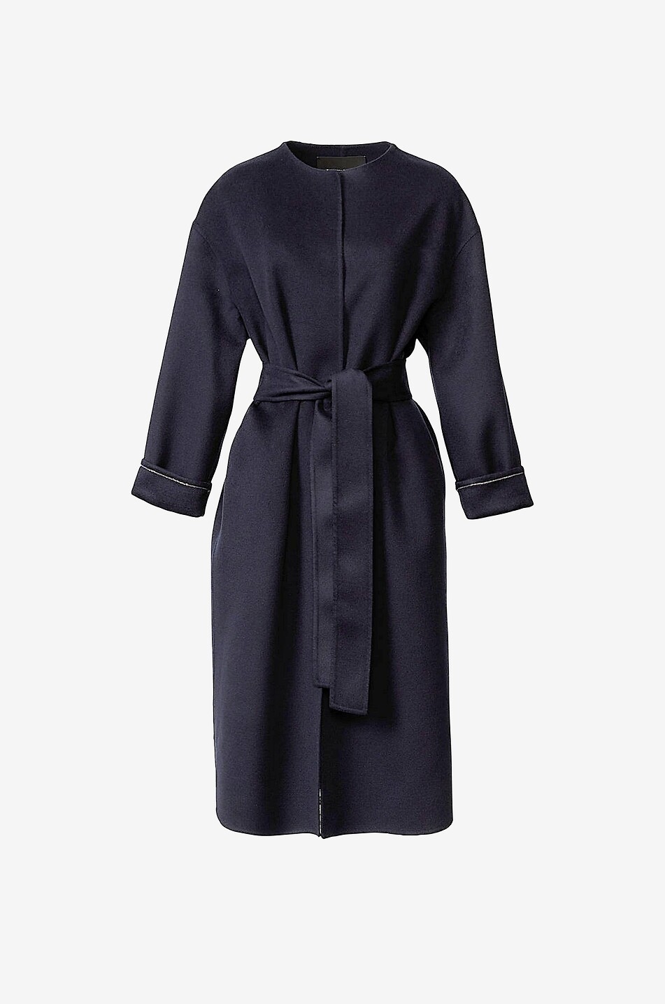 Manteau long à col rond et ceinture en laine vierge