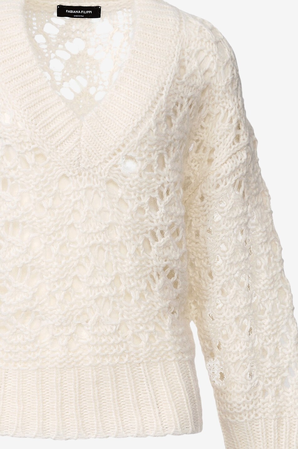 FABIANA FILIPPI Pull ajouré ample à col V en fil Platinum et mohair Femme BLANC CASSE 7