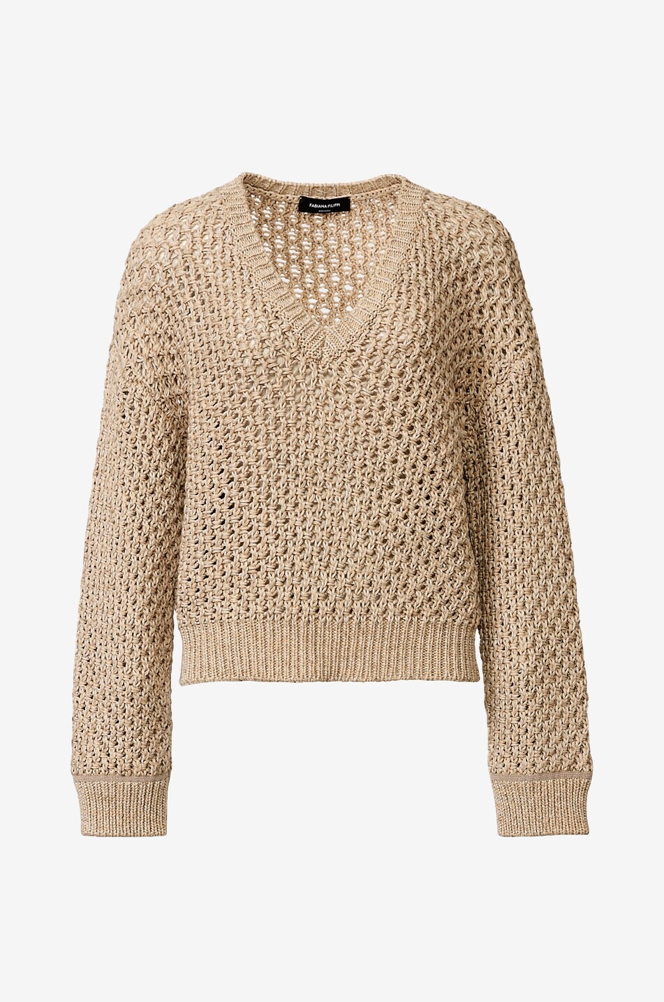 FABIANA FILIPPI Pull ajouré boxy en coton mélangé à col V Femme CAMEL 1