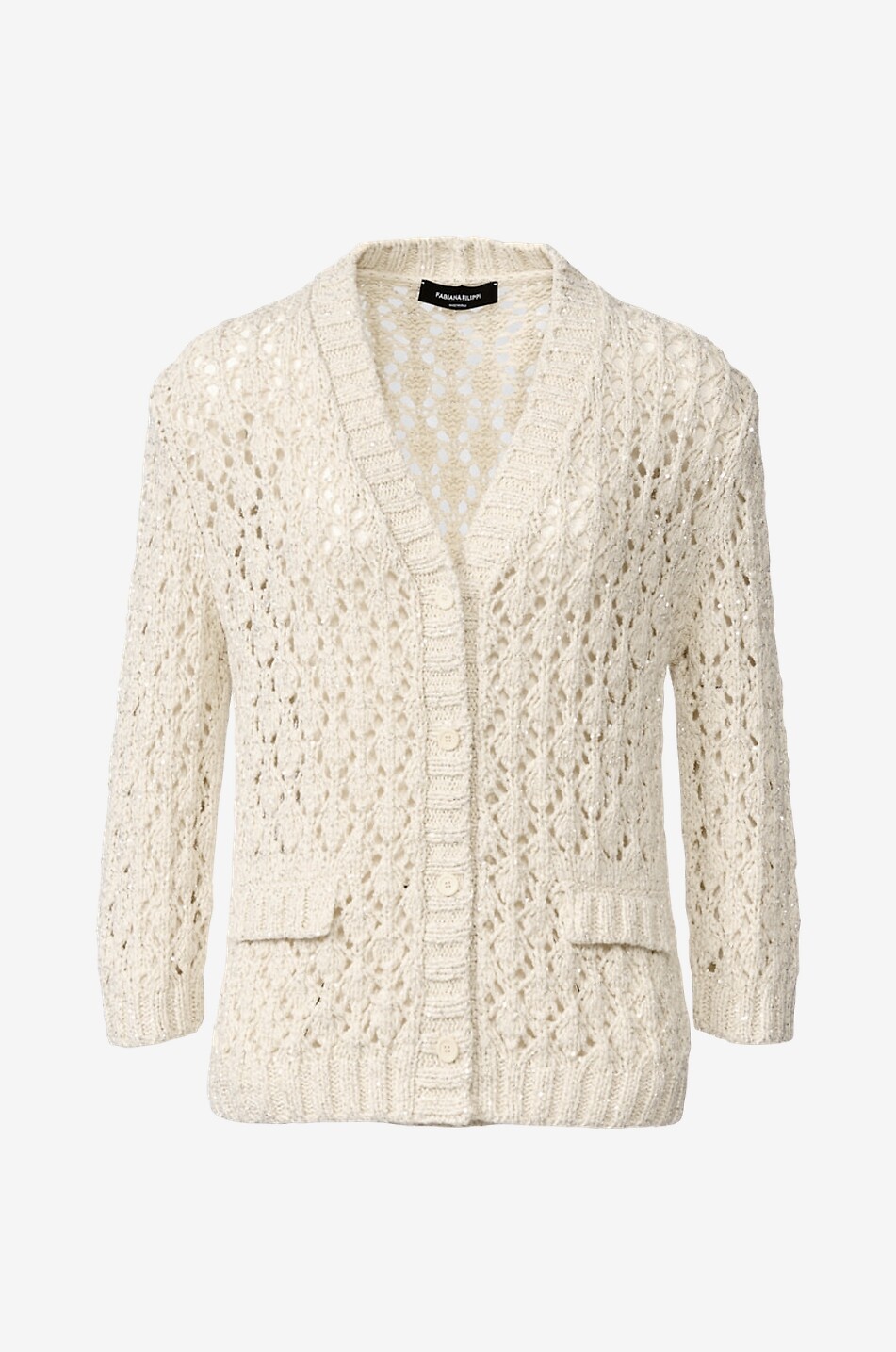 Sequin-embellished crochet V-neck cardigan