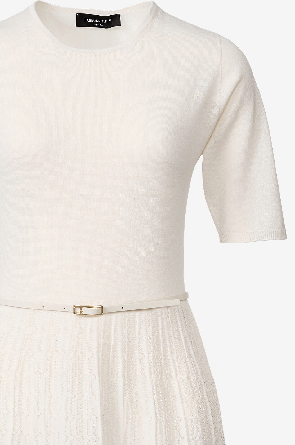 FABIANA FILIPPI Robe midi à manches courtes en maille de coton à jupe ajourée Femme BLANC CASSE 3