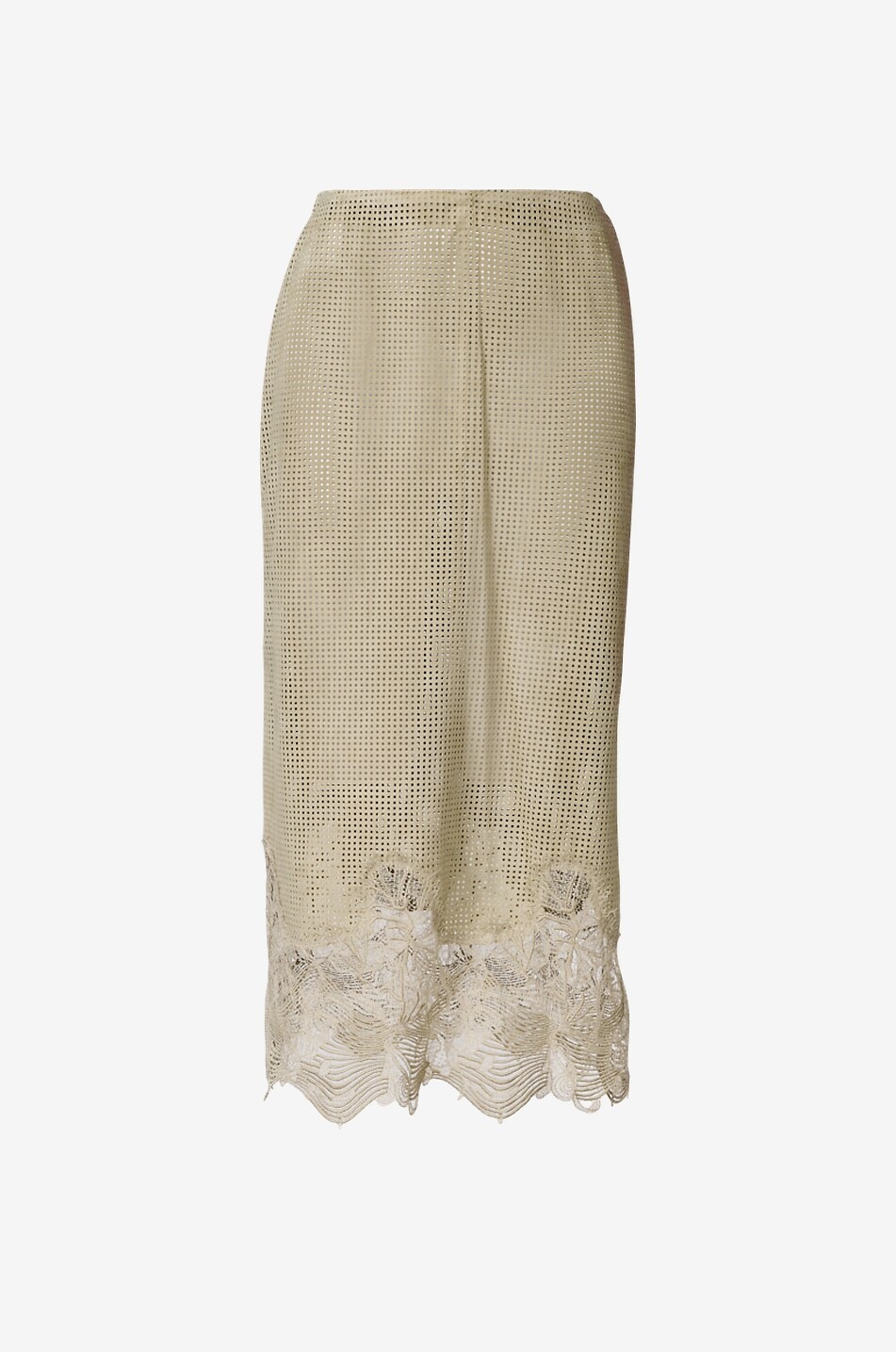 Mid-length perforated suede pencil skirt