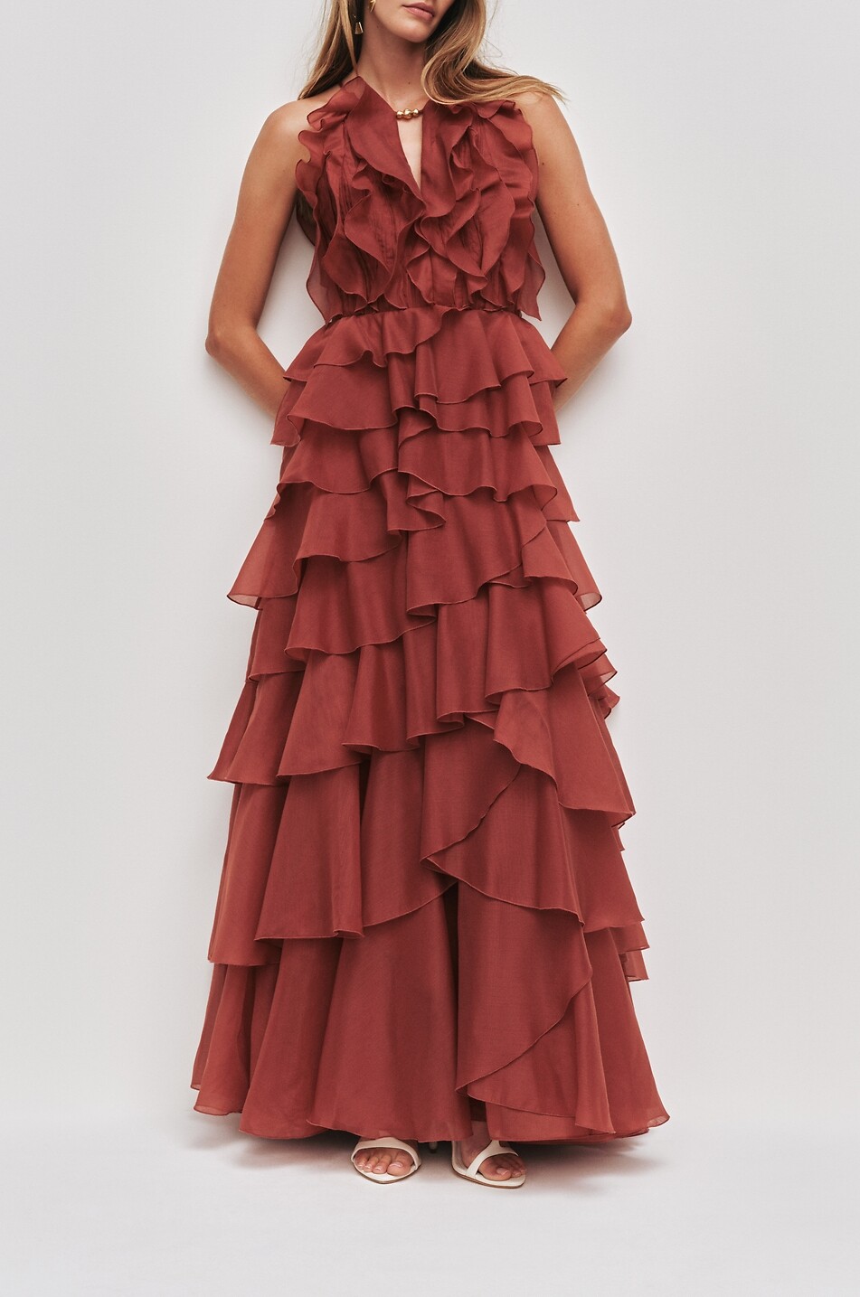 AJE Cleo sleeveless frill maxi dress Women DARK RED 2