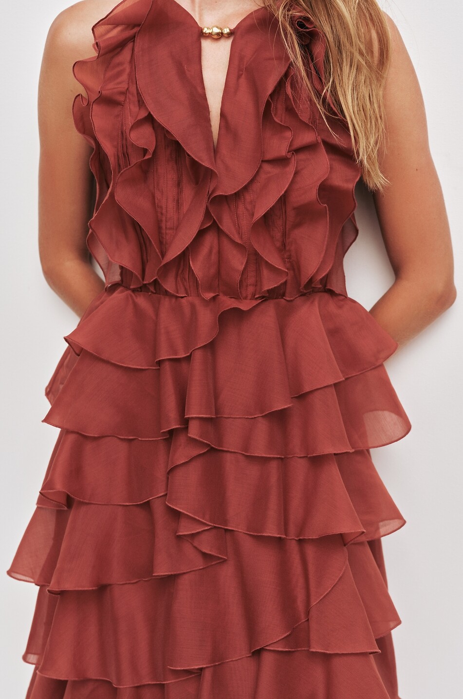 AJE Cleo sleeveless frill maxi dress Women DARK RED 5