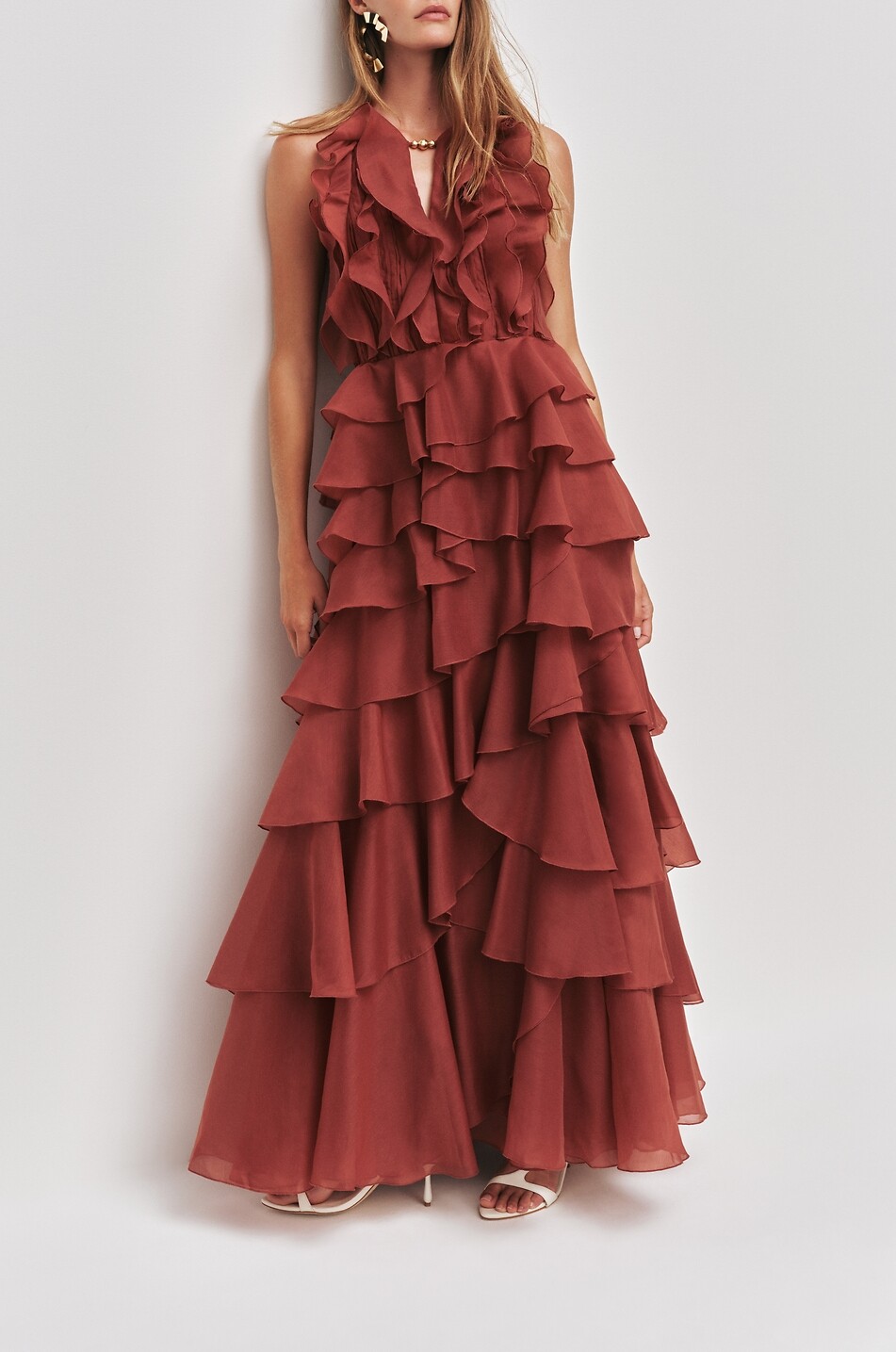 AJE Cleo sleeveless frill maxi dress Women DARK RED 8