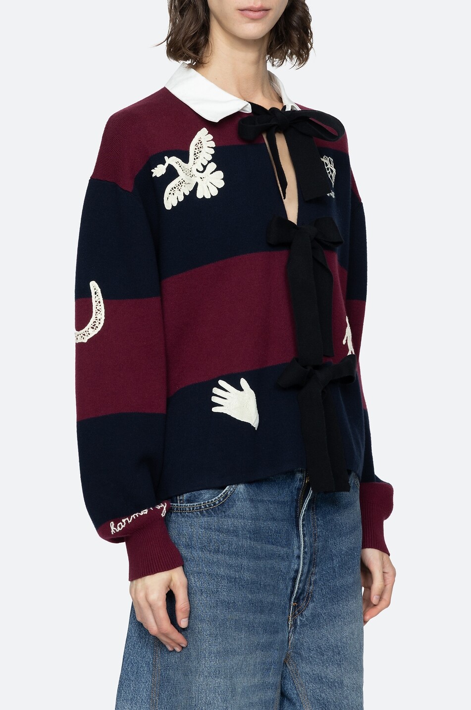 SEA Hester self-tie striped embroidered cotton and cashmere cardigan Women MULTI COLOURED 6