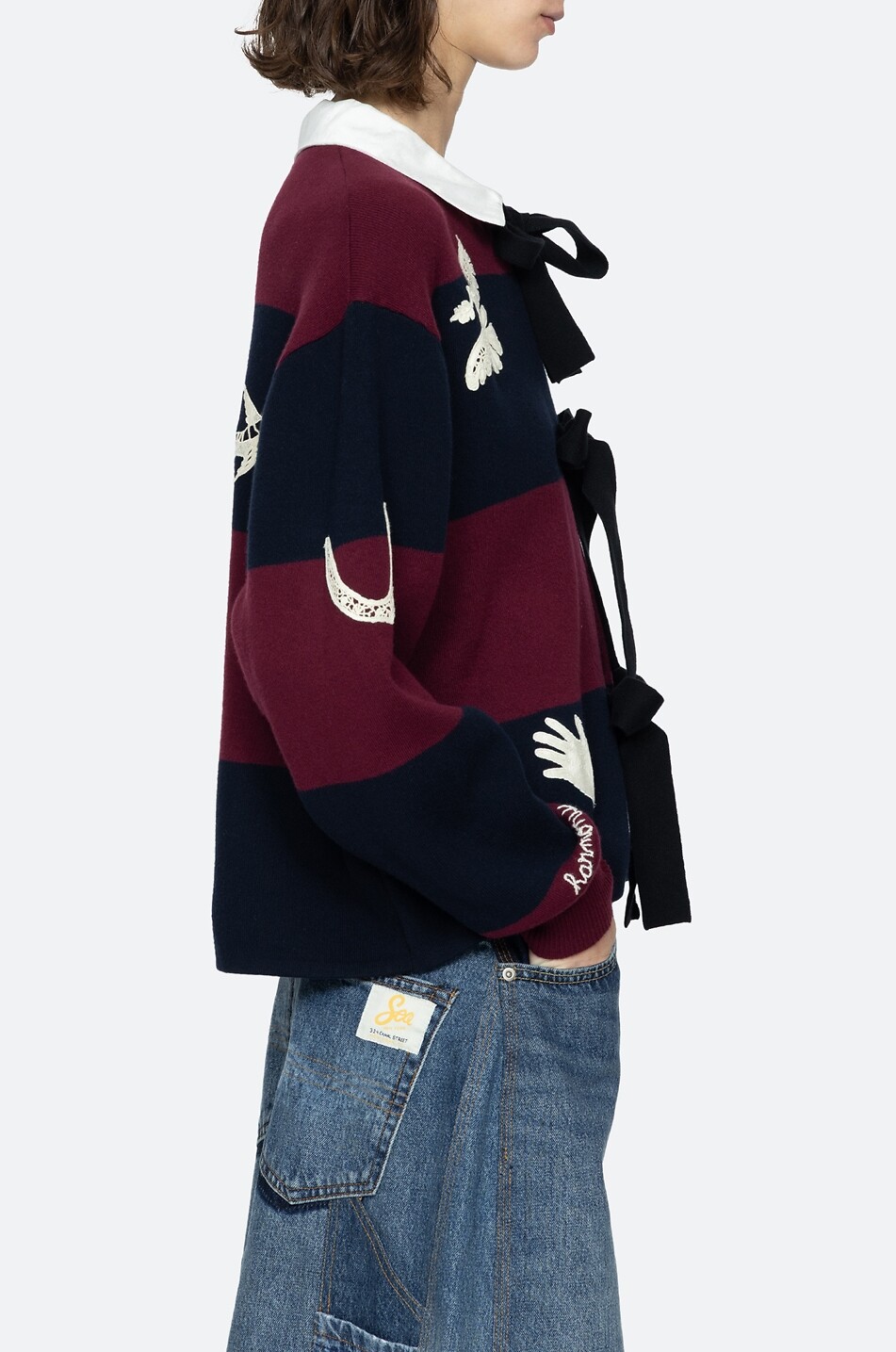 SEA Hester self-tie striped embroidered cotton and cashmere cardigan Women MULTI COLOURED 7