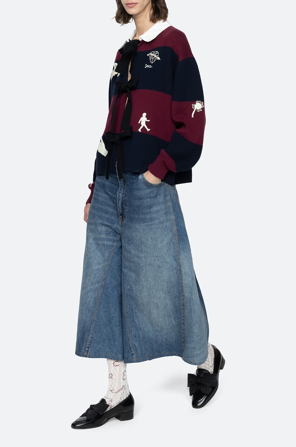 SEA Hester self-tie striped embroidered cotton and cashmere cardigan Women MULTI COLOURED 8