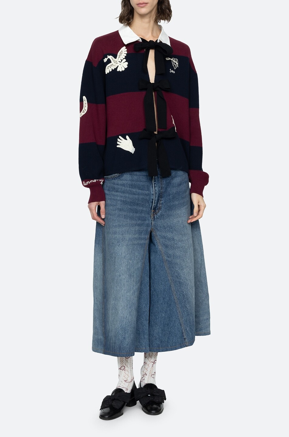 SEA Hester self-tie striped embroidered cotton and cashmere cardigan Women MULTI COLOURED 3