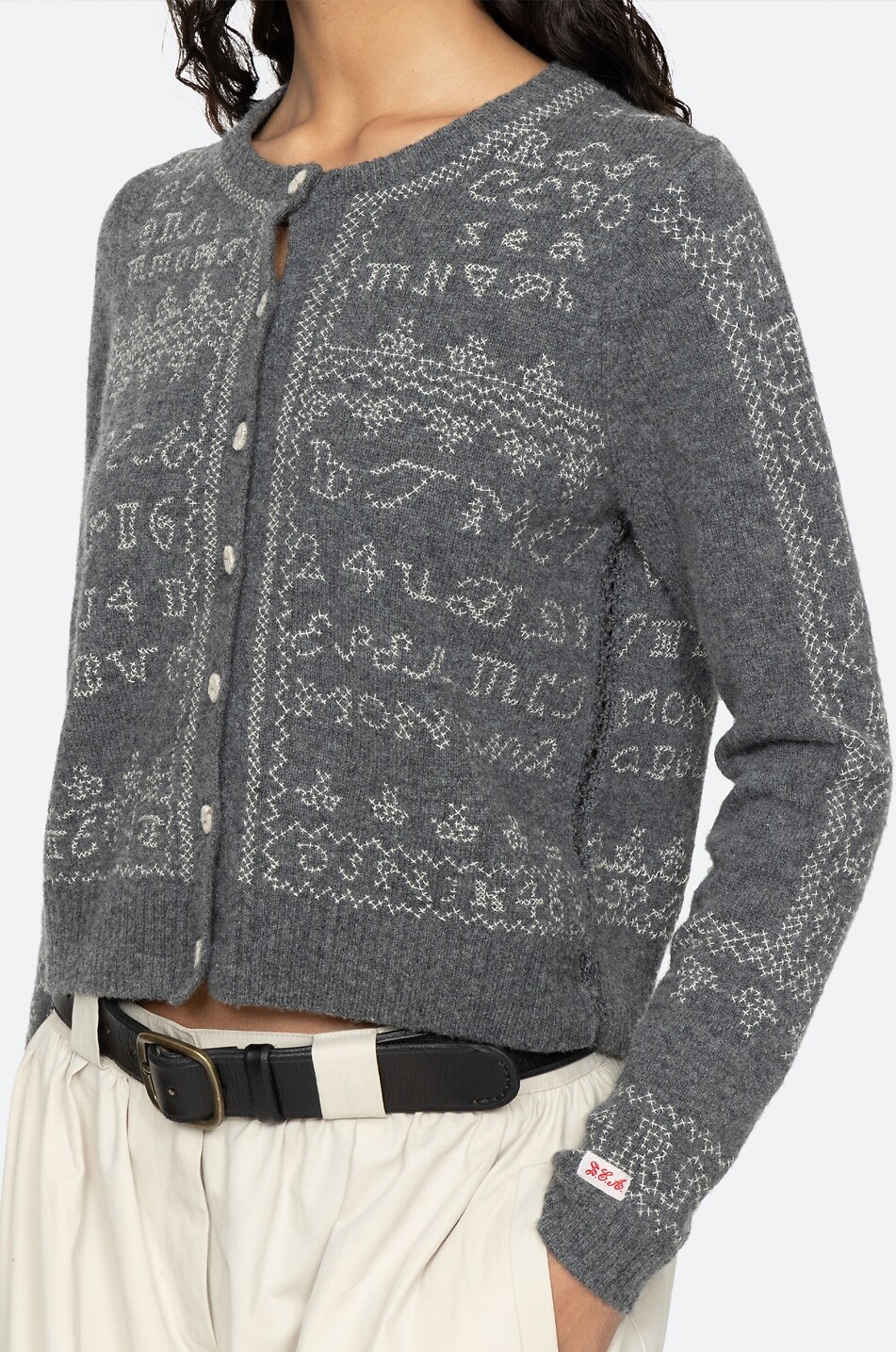 SEA Cardigan brodé à col rond en laine Kit Femme GRIS 5