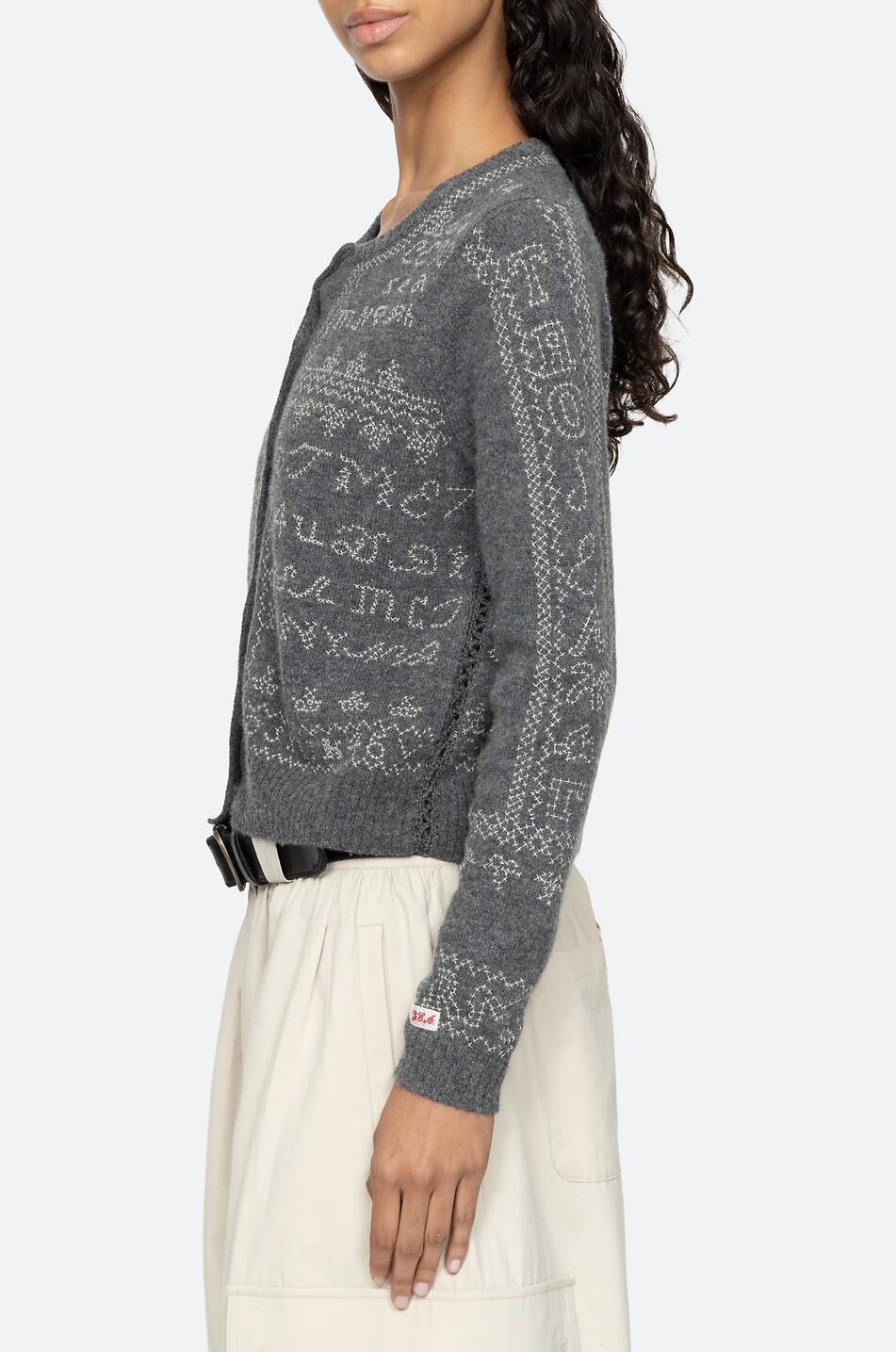 SEA Cardigan brodé à col rond en laine Kit Femme GRIS 6