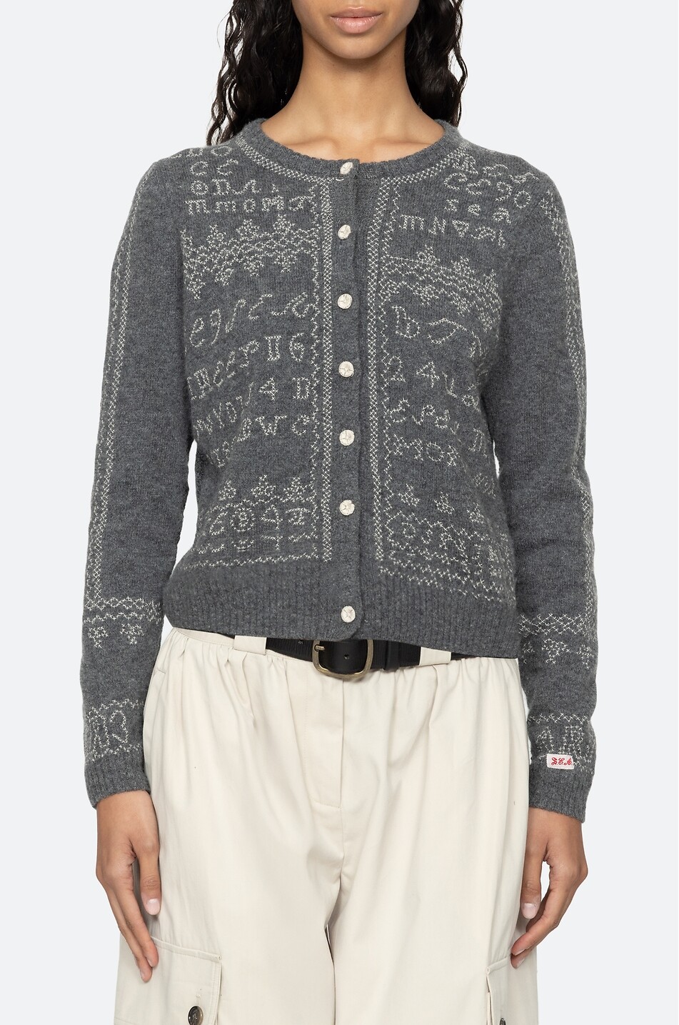 SEA Cardigan brodé à col rond en laine Kit Femme GRIS 7