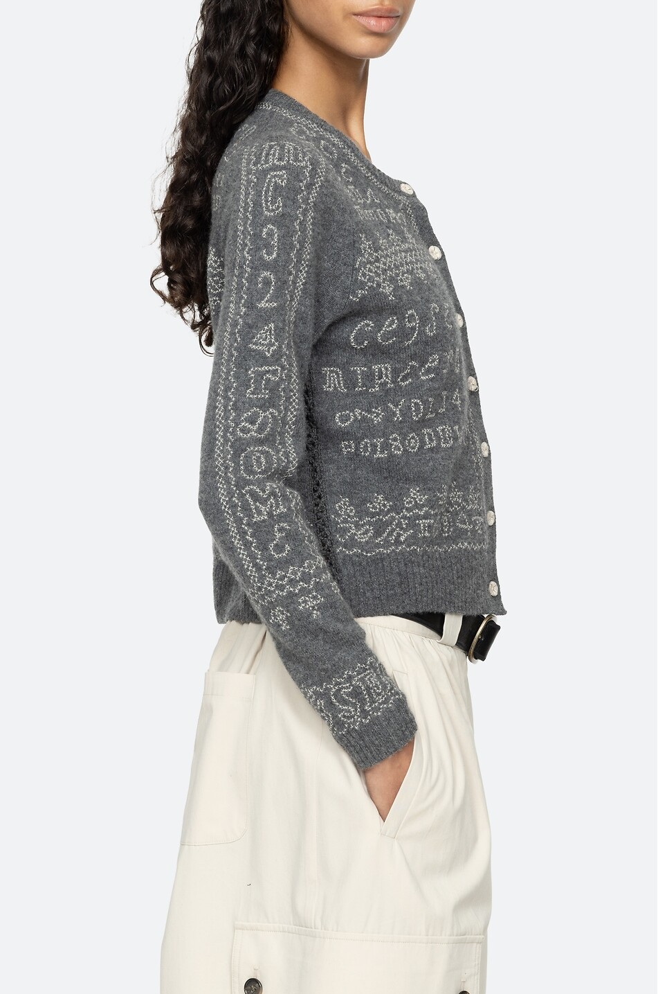 SEA Cardigan brodé à col rond en laine Kit Femme GRIS 8